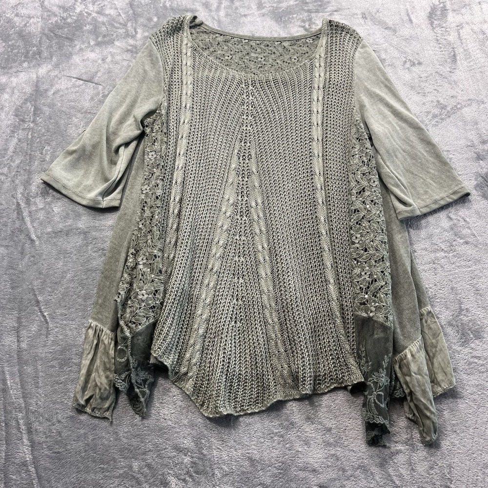 Women’s Green Sequin embroidery romantic crochet tunic boho Sweater Folk Top XL